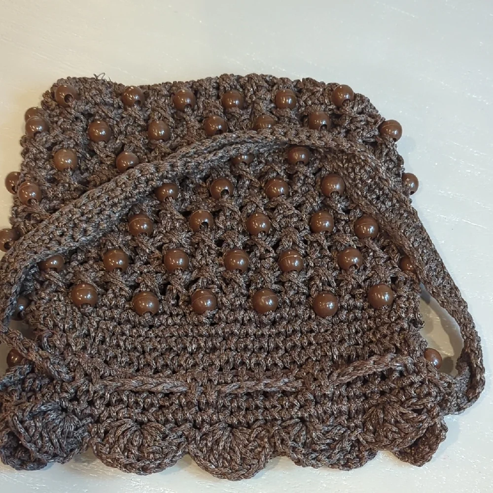 Brown Beaded Crochet Handbag Y2K Hobo Boho‎ Hippie